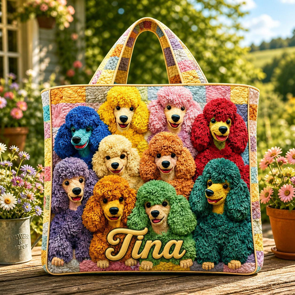 Personalized Colorful Poodles Quilted Tote Bag, Custom Name Poodle Dog Tote, Cute Pet Bag, Quilted Shoulder Bag, Handbag for Animal Lover
