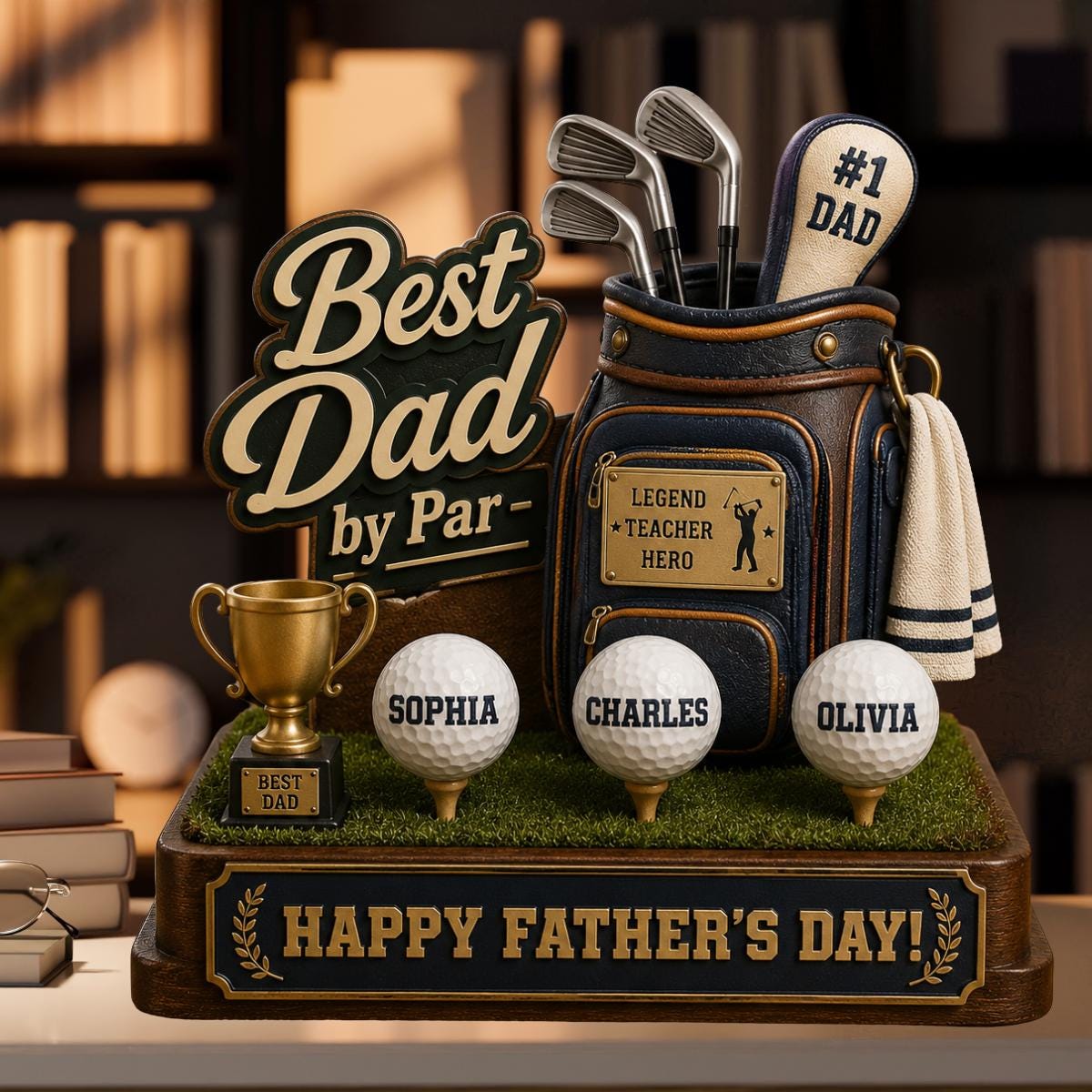 Personalized Best Dad by Par Custom Kid Name Wooden Block Decor Home- Father's Day Gift for Golf Dad, Husband From Son Daughter