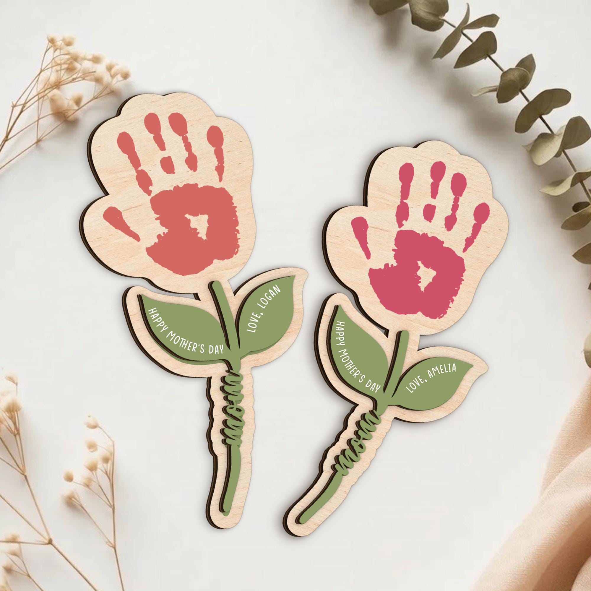 Personalized Handprint Flower Gift for Mom, Wooden Keepsake Mother’s Day Gift, Custom Baby Handprint Plaque, Mom Gift From Kids