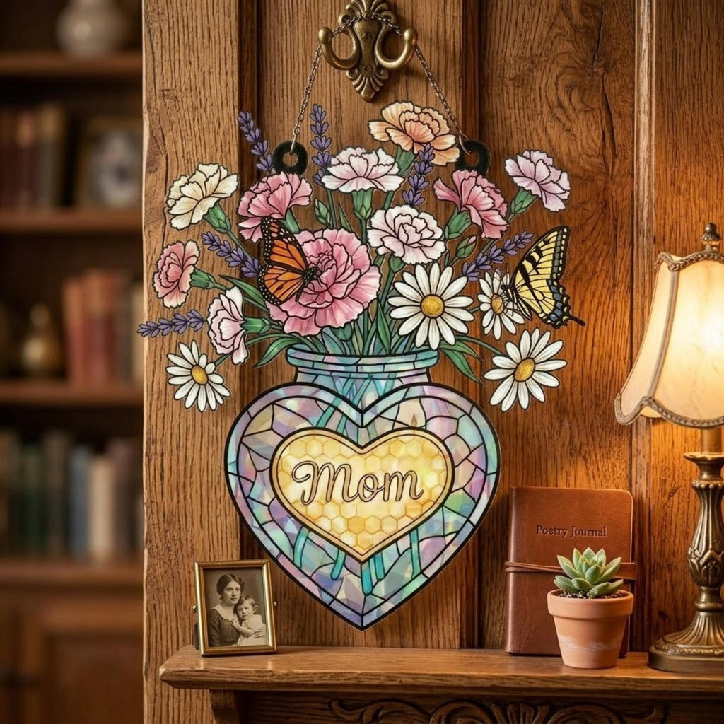 Mom Suncatcher With Vase of Flowers, Stained Glass Style Window Hanging With Butterflies, Heart Jar Mother's Day Gift