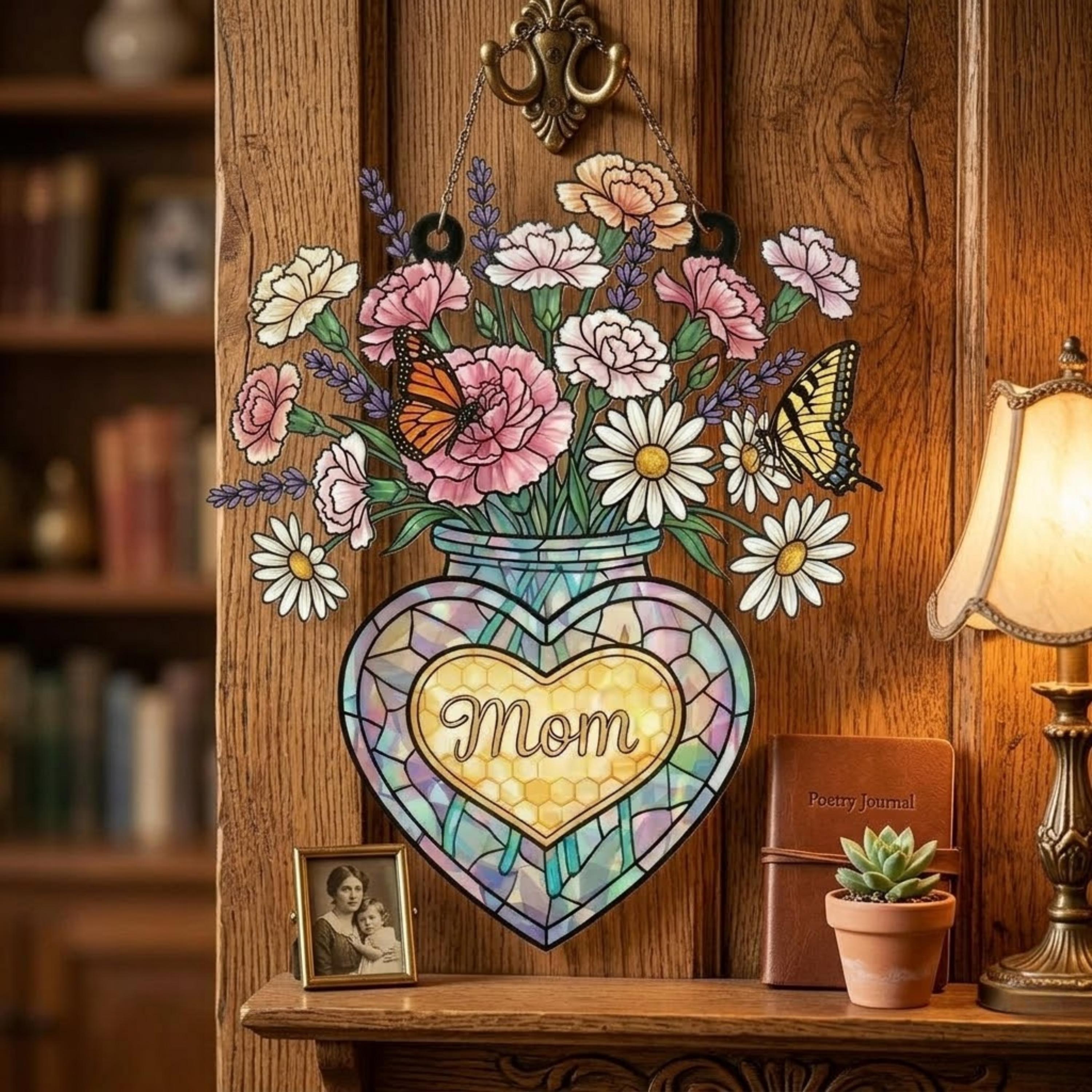 Mom Suncatcher With Vase of Flowers, Stained Glass Style Window Hanging With Butterflies, Heart Jar Mother's Day Gift