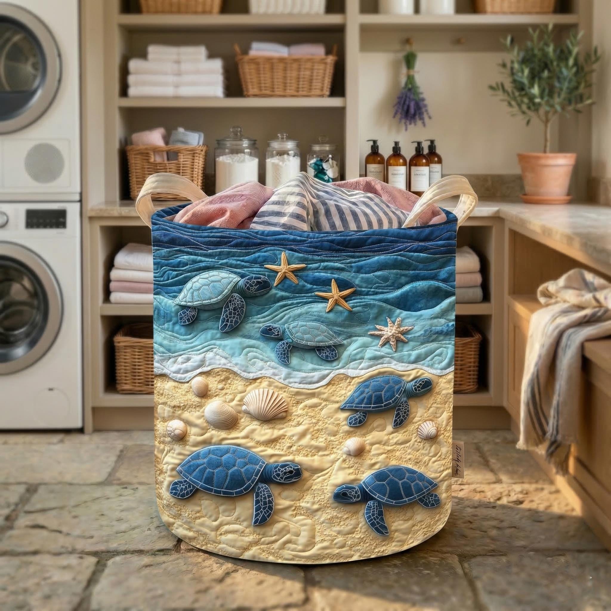 Sea Turtle Quilted Laundry Basket, Coastal Beach Hamper, Ocean Themed Storage Bin, Nautical Home Decor, Foldable Fabric Organizer Gift