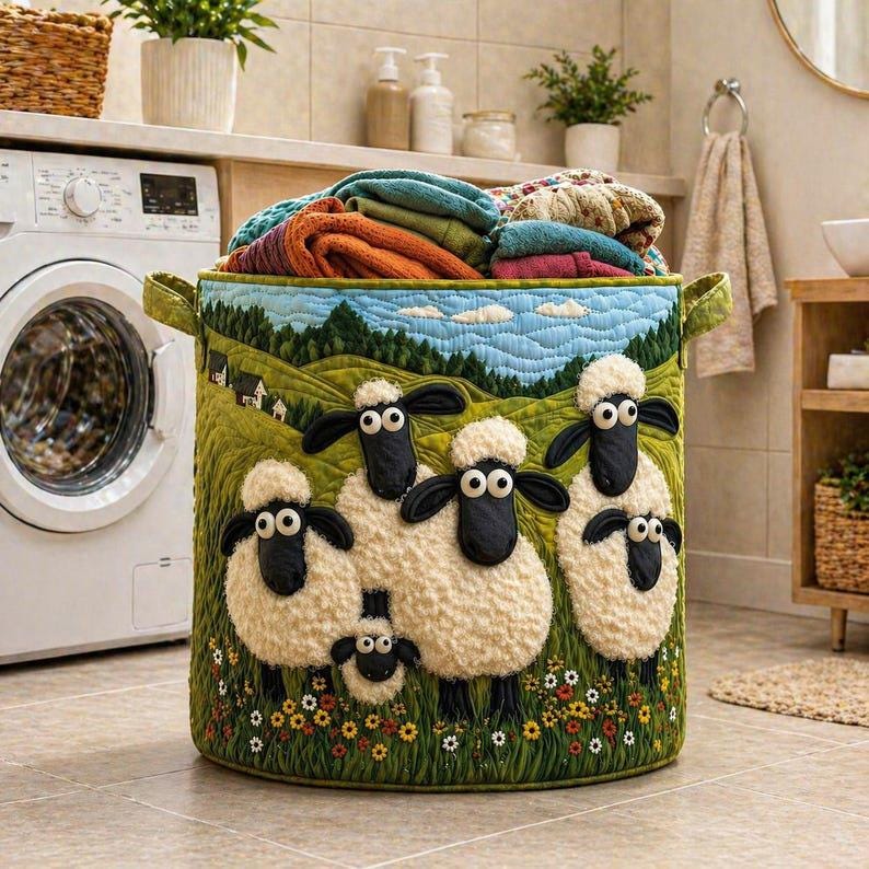 Cute Sheep Quilted Laundry Basket, Sheep Laundry Room Decor, Soft Fabric Hamper, Colorful Sheep Storage Bin, Gift for Mom, Gift for Her