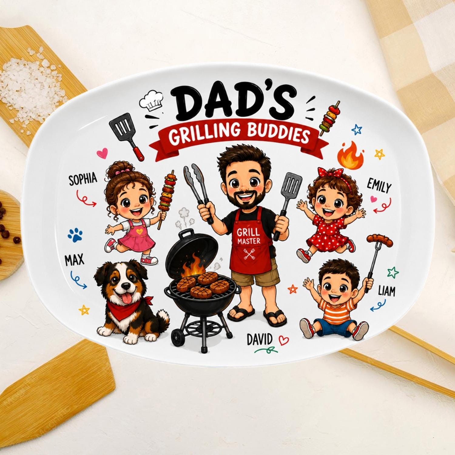 Personalized Dad's Grilling Buddies Plate, Custom Photo Cartoon Character Plate, Father's Day BBQ Gift, Grill Master Dad Platter