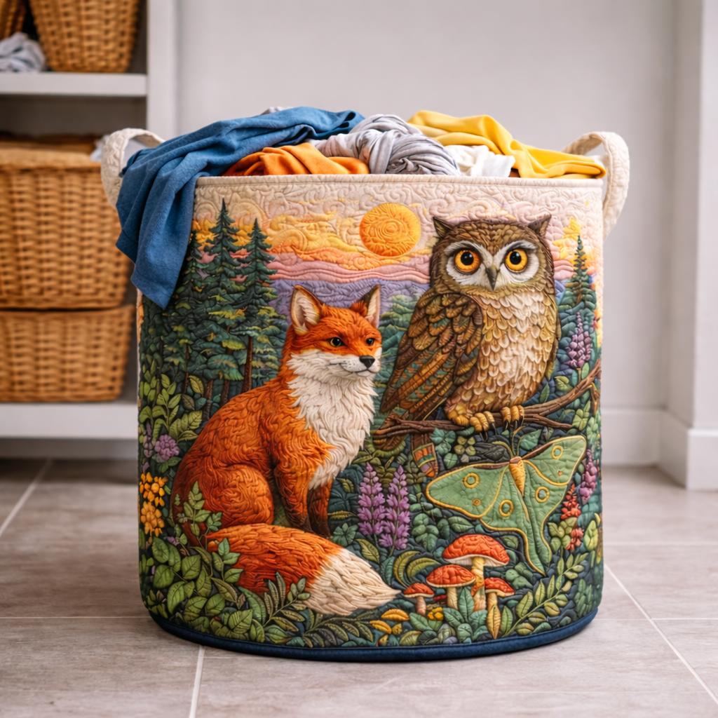 Woodland Fox Owl Quilted Laundry Basket, Forest Animal Fabric Hamper, Decorative Storage Bin, Rustic Home Organizer, Nursery Toy Basket
