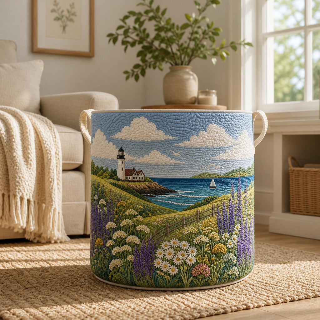 Quilted Coastal Landscape Laundry Basket, Embroidered Fabric Storage Bin With Handles, Decorative Organizer for Living Room or Laundry Space
