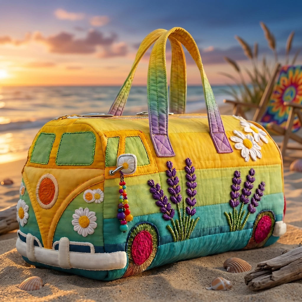 Quilted Rainbow Camping Van Duffle Bag, Lavender Daisy Weekender Tote, Boho Travel Bag, Cottagecore Overnight Bag Gift