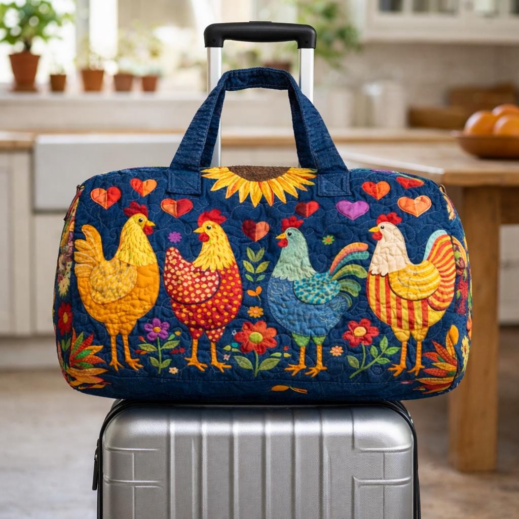 Cute Chicken Quilted Duffle Bag_ Camper Bus Travel Weekender Bag, Best Duffle Bags for Women, Cute Weekender Duffel Gift for Her