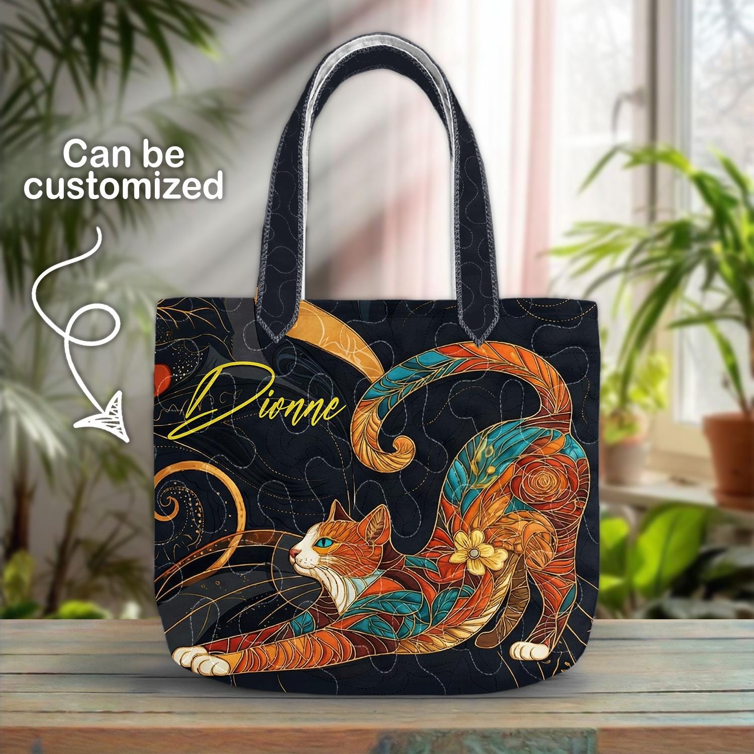 Personalized Cat Tote Bag, Quilted Cat Bag, Custom Name Gift for Cat Lovers, Colorful Cat Art Bag, Pet Lover Tote