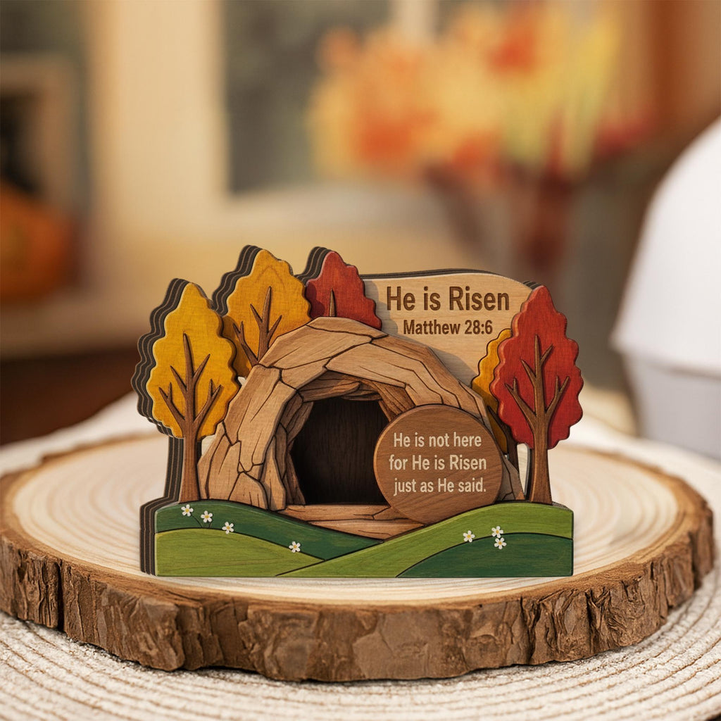 Wooden Block, 3 Layer Empty Tomb Scene, Matthew 28_6 Bible Verse Decor, He is Risen Wood Sign_ Jesus Resurrection Scene, Easter Decor