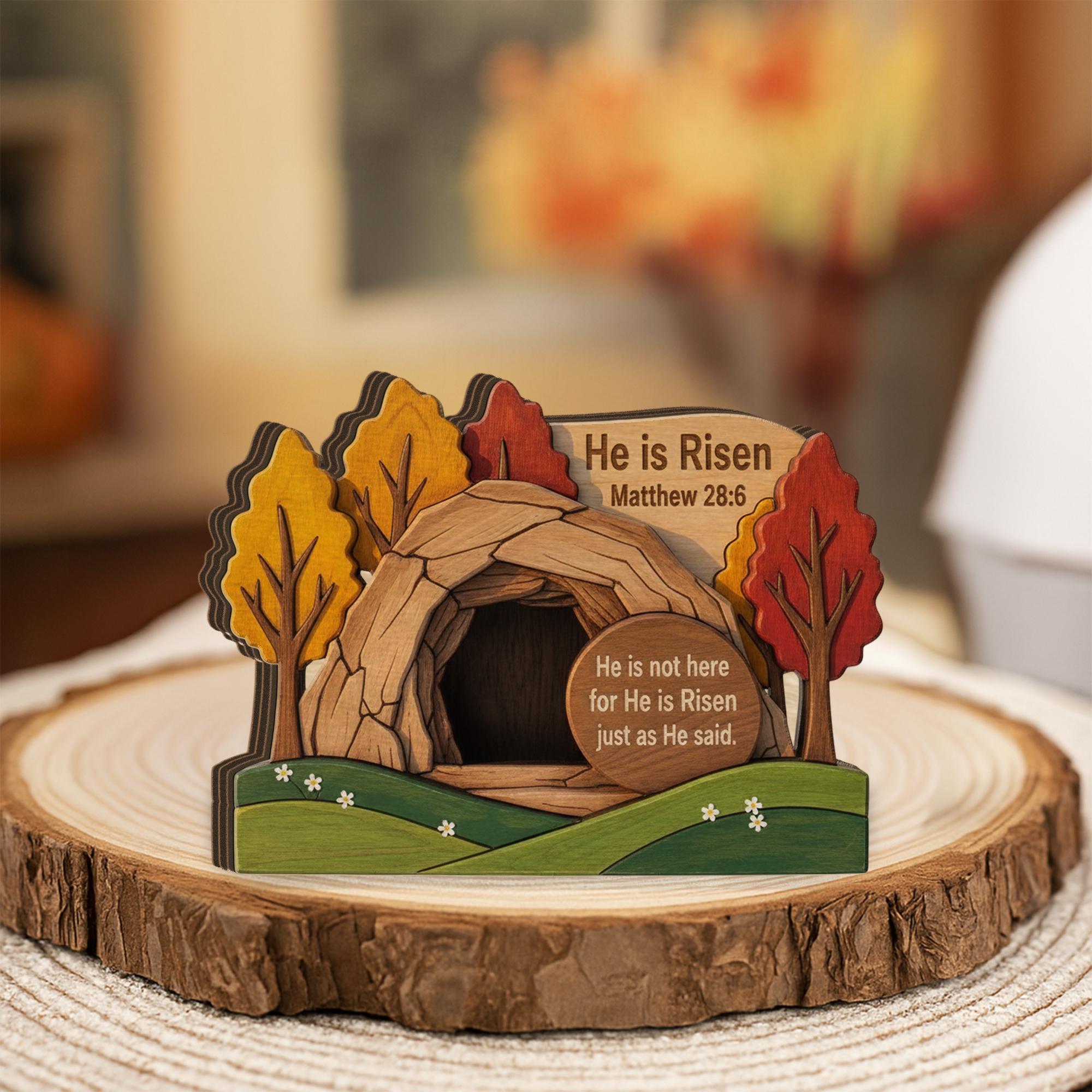 Wooden Block, 3 Layer Empty Tomb Scene, Matthew 28_6 Bible Verse Decor, He is Risen Wood Sign_ Jesus Resurrection Scene, Easter Decor