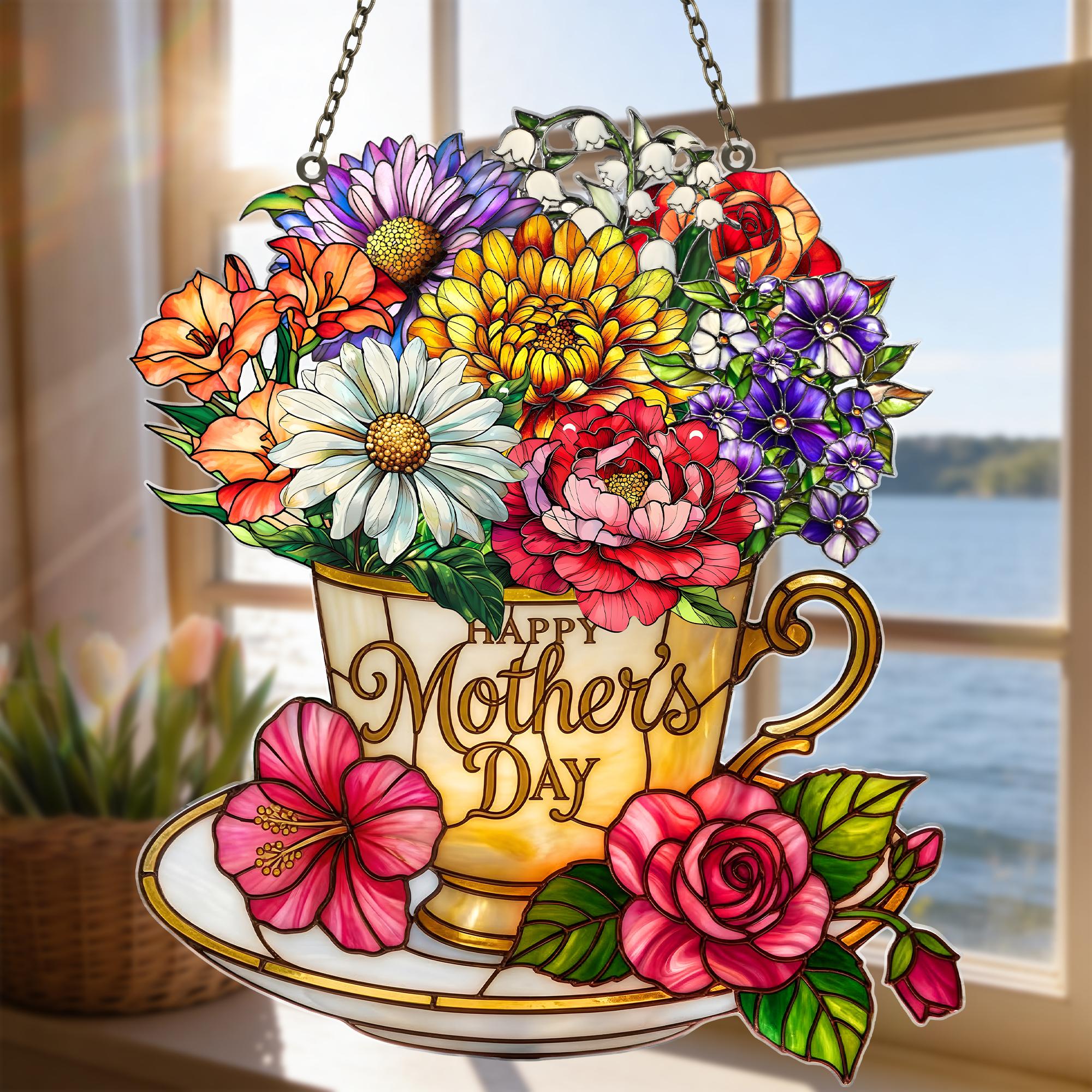 Custom Acrylic Suncatcher, Mother's Day Gift, Custom Flower Hanging Window Decor, Personalized Floral Acrylic Suncatcher, Mom Grandma Gift