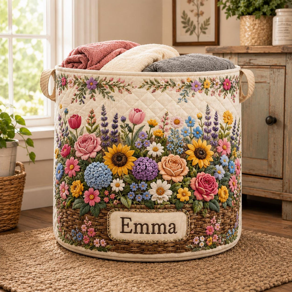 Personalized Floral Quilted Laundry Hamper, Botanical Nursery Storage Bin, Custom Name Laundry Basket, Garden Room Organizer
