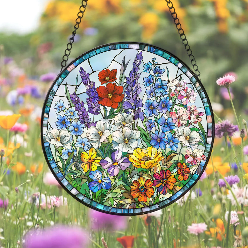 Wildflower Stained Glass Suncatcher_ Window Hanging Decor, Glass Suncatcher – Colorful Window Hanging for Nature-inspired Home Décor, Christmas Gift