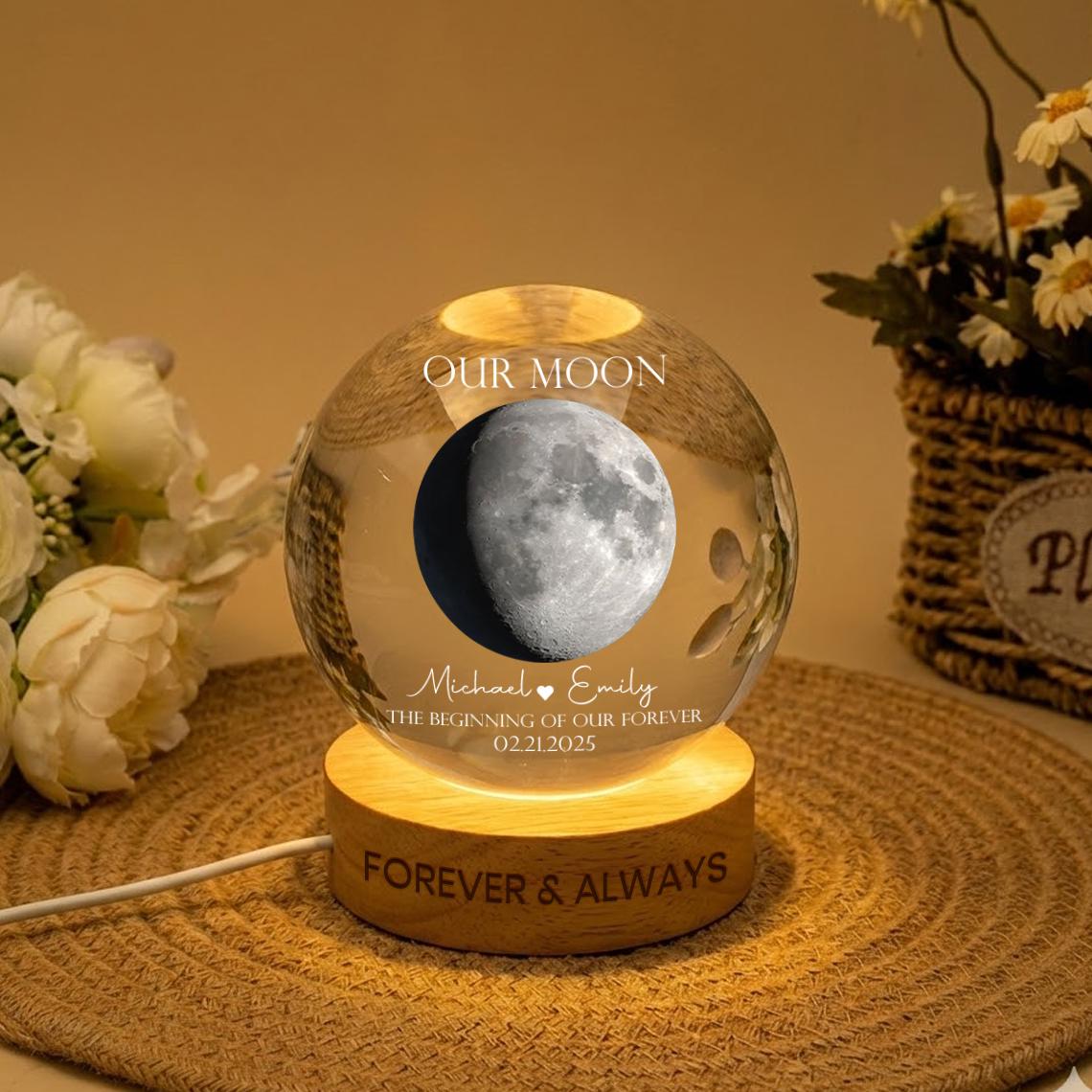 Personalized Moon Phase Anniversary Crystal Ball Lamp_ Engraved Wood Base Custom Keepsake