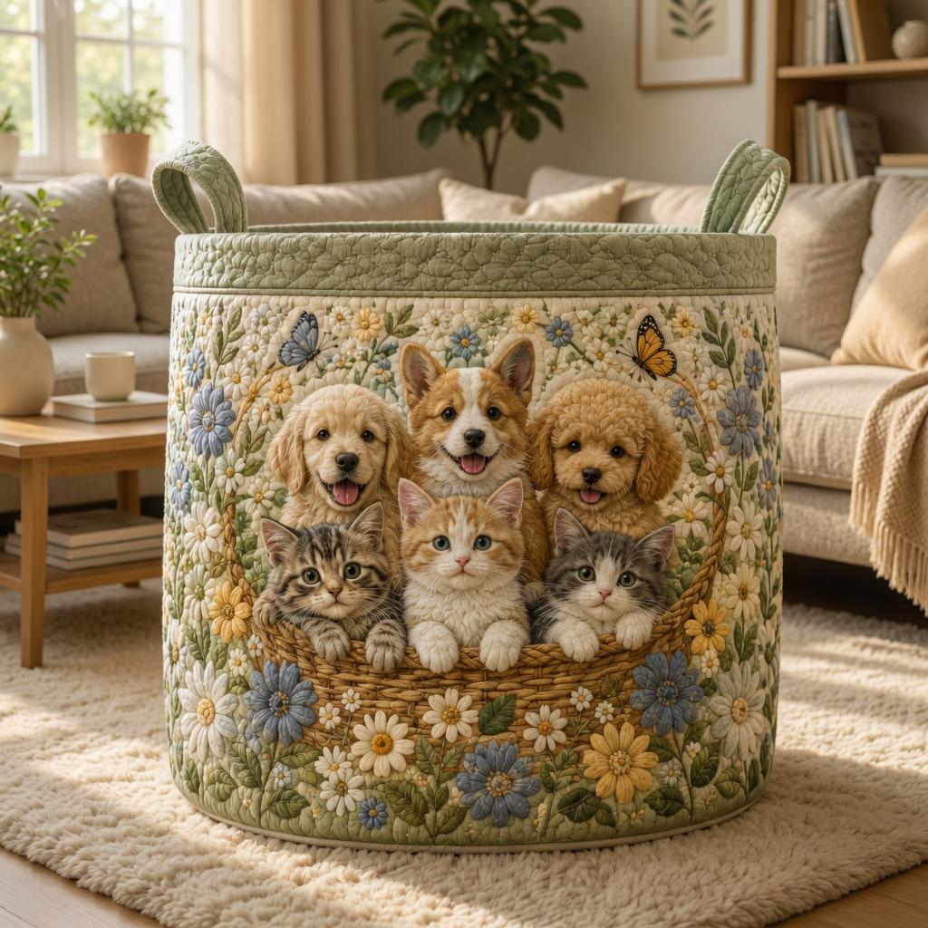 Quilted Pet Laundry Basket, Dog Cat Storage Bin, Cottagecore Floral Hamper, Cute Animal Blanket Organizer, Pet Room Decor