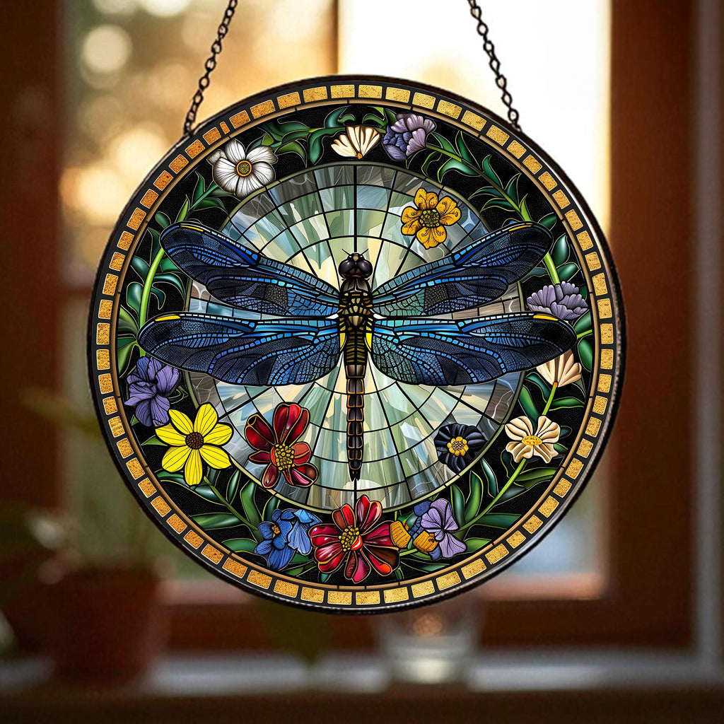 Dragonfly Stained Glass Suncatcher, Dragonfly Flower Window Hanging, Indoor Decoration, Kitchen Decor, Gift for Mom, Colorful Window Art