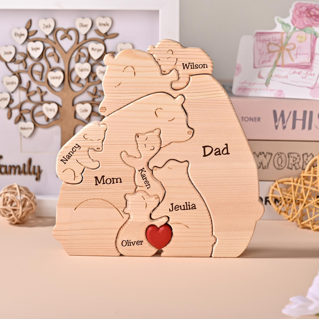 Engraved Bear Hug Family Wooden Puzzle, Personalized Gift for Mom Dad Kids, Engraved Name Gift, Anniversary Gift for Couple, Home Decor