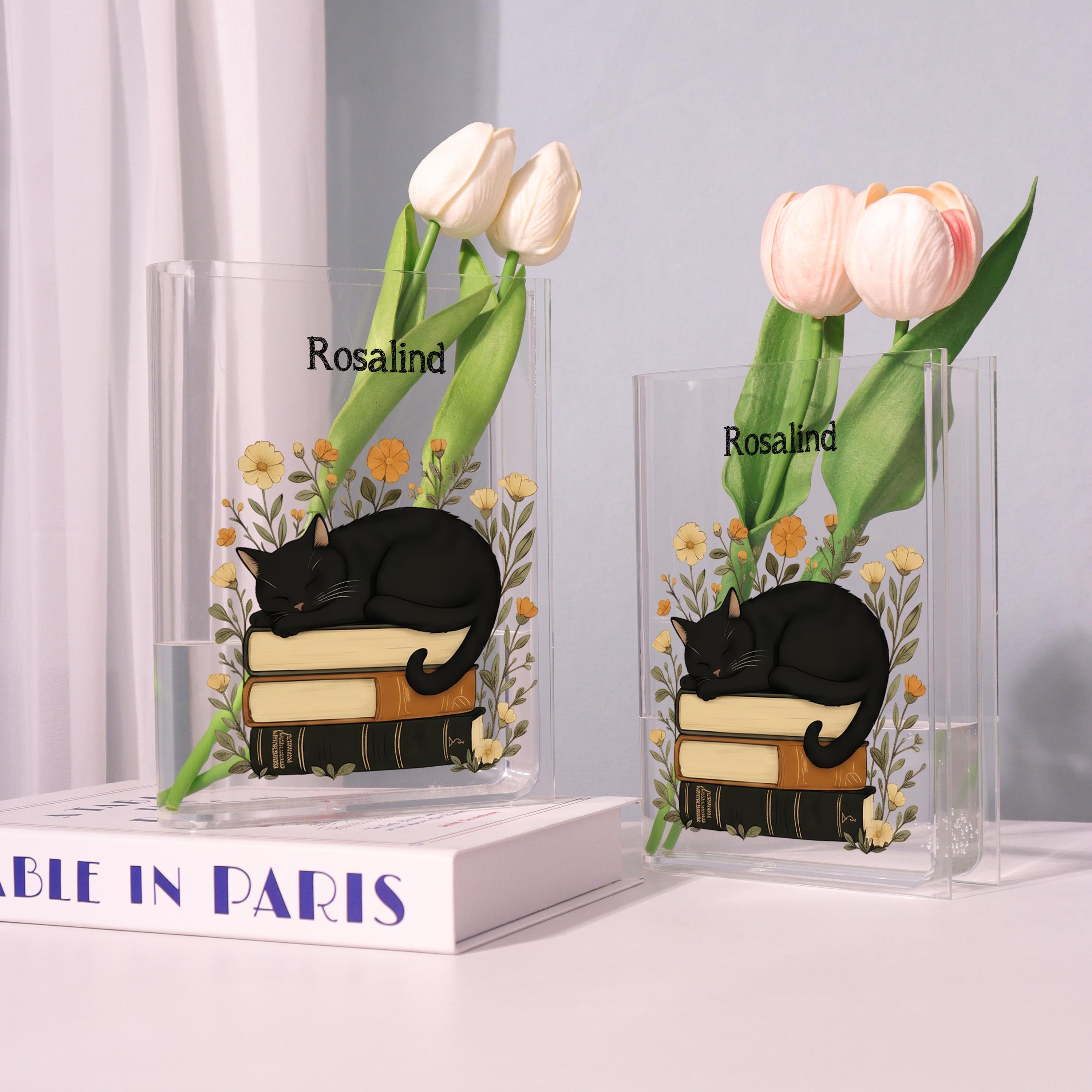 Cat on Books Acrylic Book Vase, Book Stack Bookish Vase, Floral Book Shaped Vase, Flowers and Books Decor, Custom Gift for Book Lovers