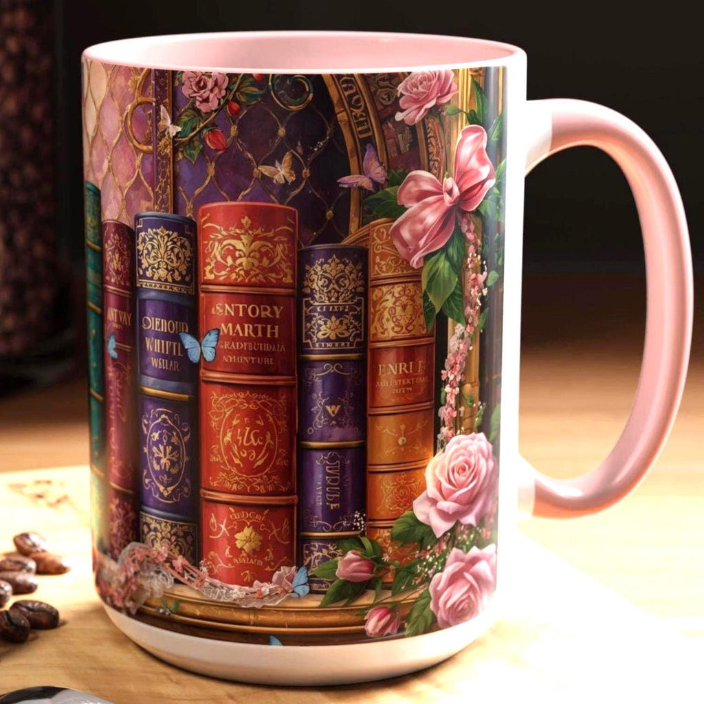 Floral Bookshelf Mug _ Vintage Library Stained Glass Design, High-Quality Ceramic Mug – Perfect for Coffee & Tea