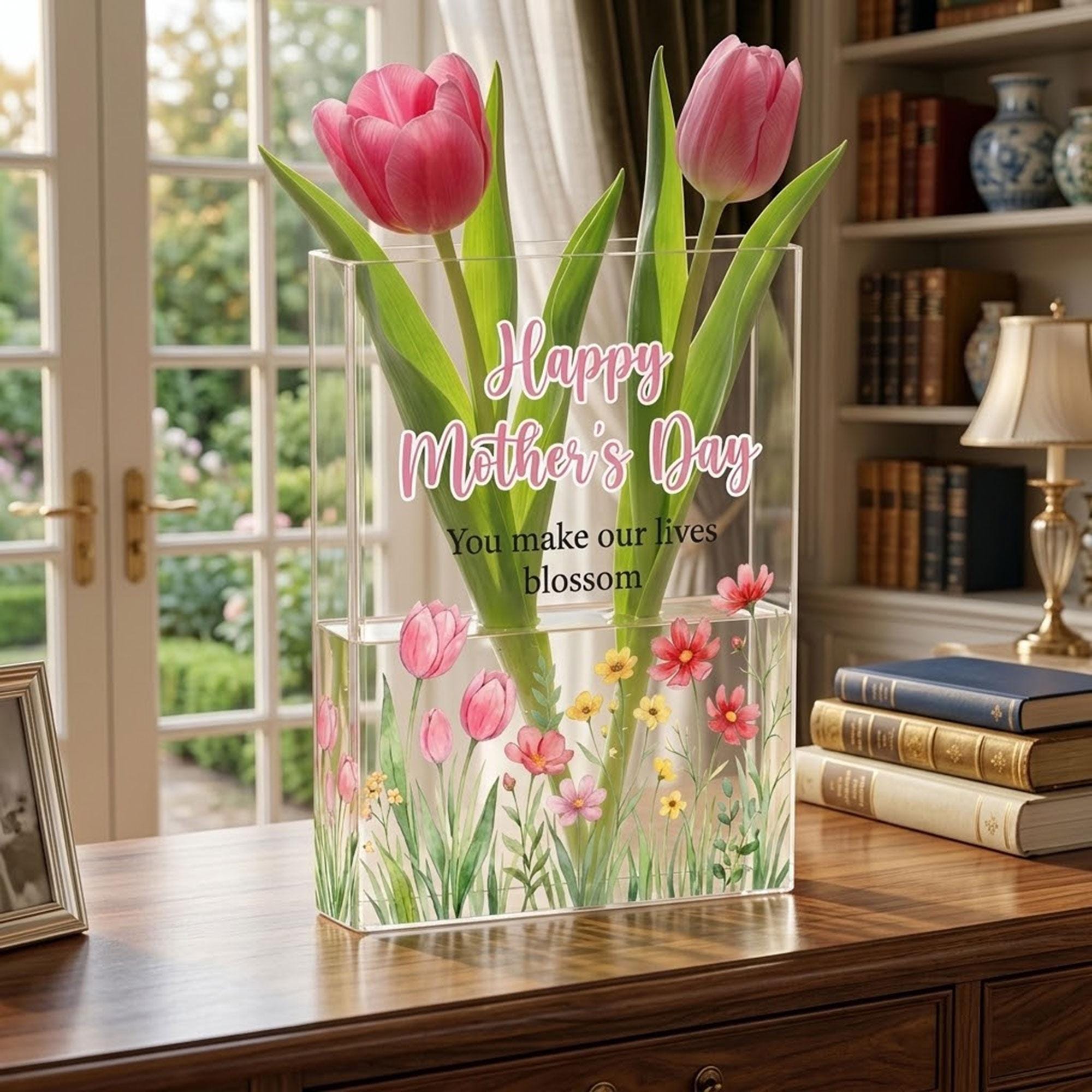 Happy Mother's Day Acrylic Book Vase, You Make Our Lives Blossom Flower Vase, Pink Tulip Mother's Day Gift, Floral Mom's Day Decor