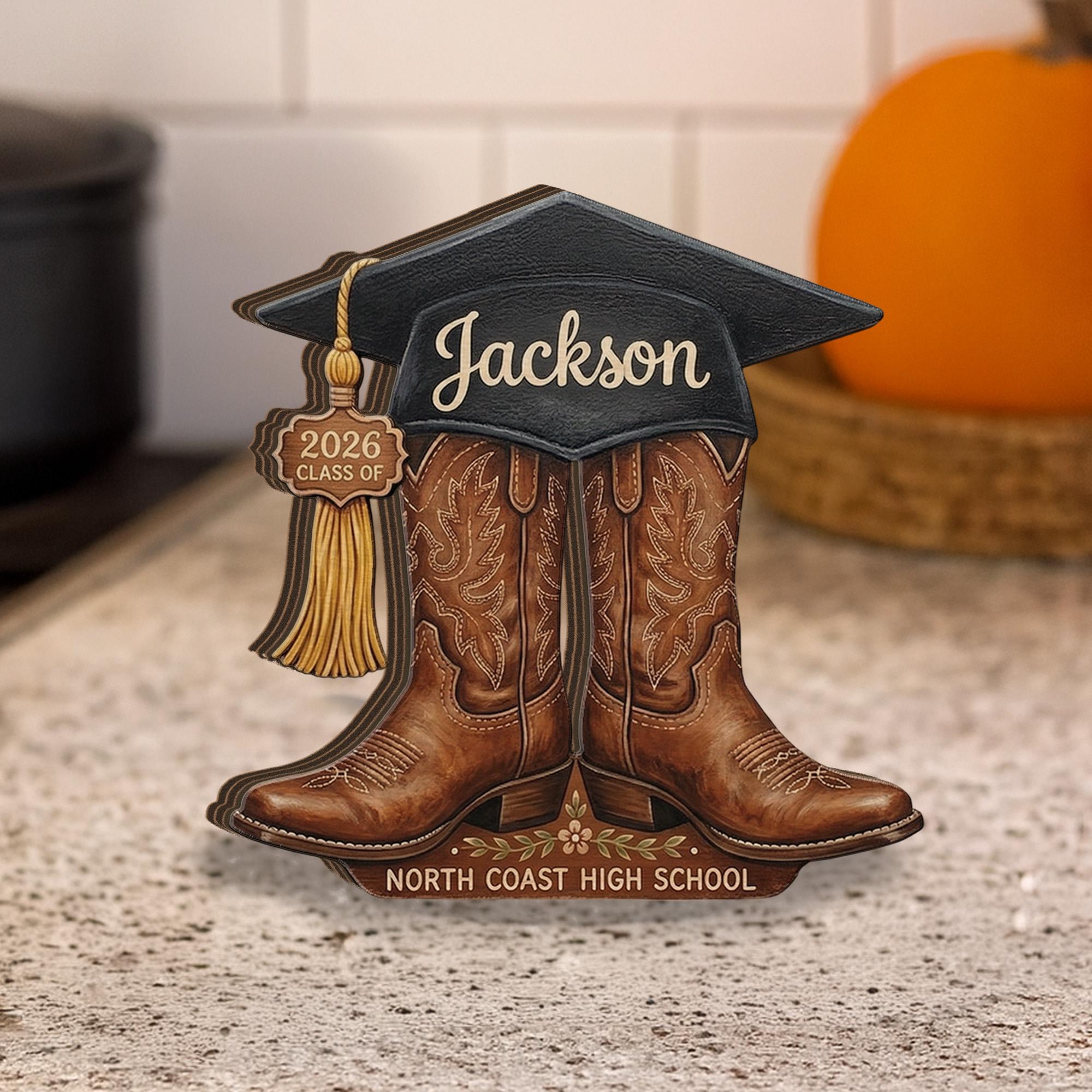 Personalized Wooden Block, Graduation Cap Cowboy Boots Decor, Custom Name Class Year Display, Senior Keepsake