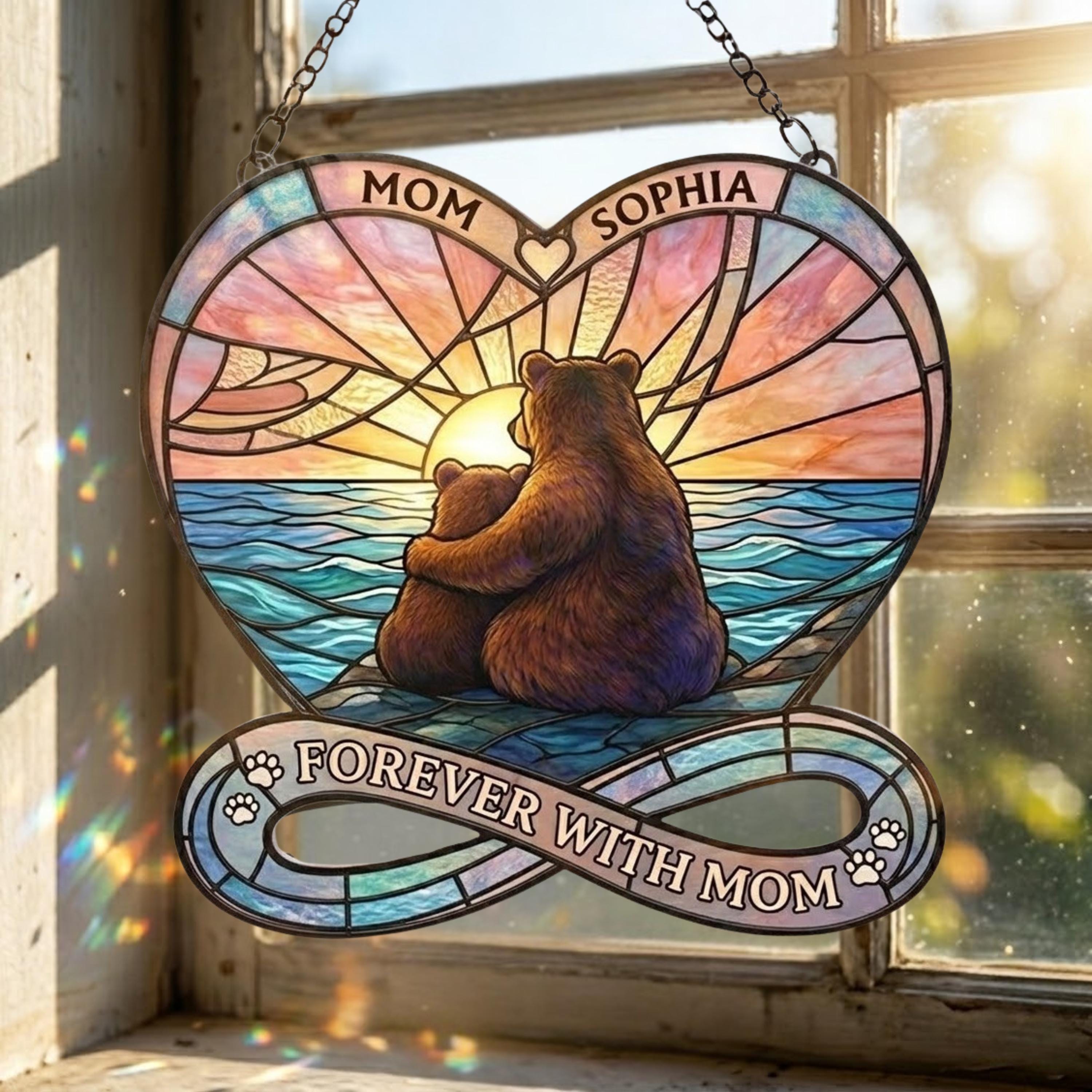 Personalized Bear Mom & Daughter Acrylic Suncatcher, Heart Acrylic Window Hanging, Mother's Day Gift, Forever With Mom Decor, Gift for Mom