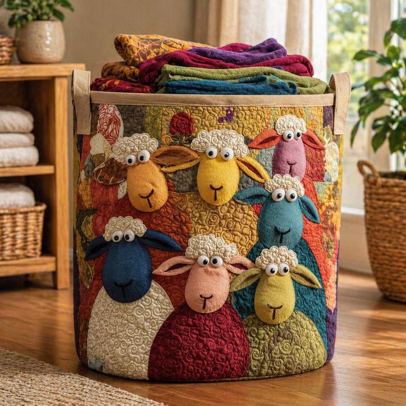 Sheep Heaven Quilted Laundry Basket, Cute Adorable Sheep Clothes Hamper, Good Basket Fabric, Farm Animal Decor, Sheep Lover Gift