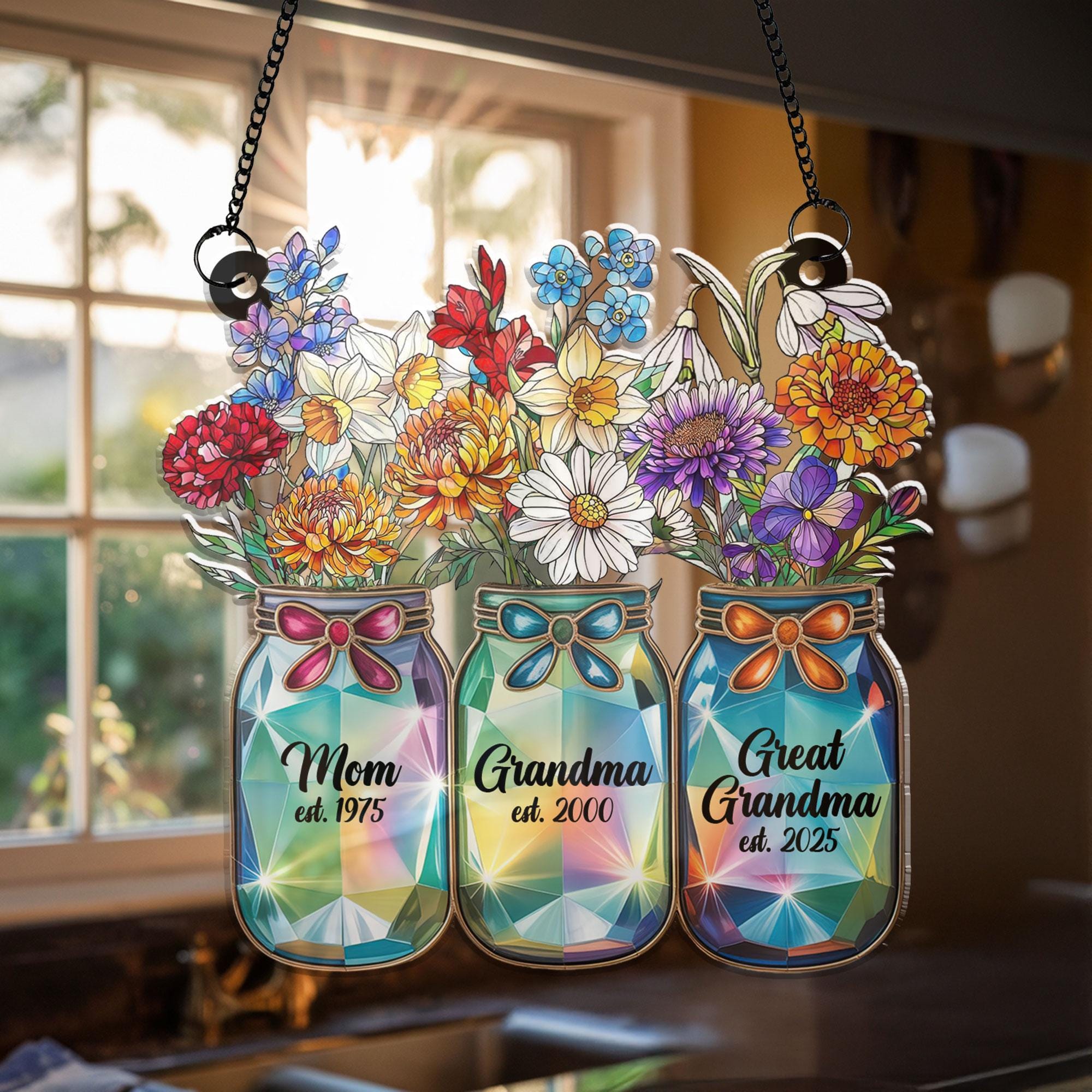Personalized Grandma’s Garden Acrylic Suncatcher, Watering Can Floral Stained Glass Style, Custom Names Window Hanging Mother’s Day Gift
