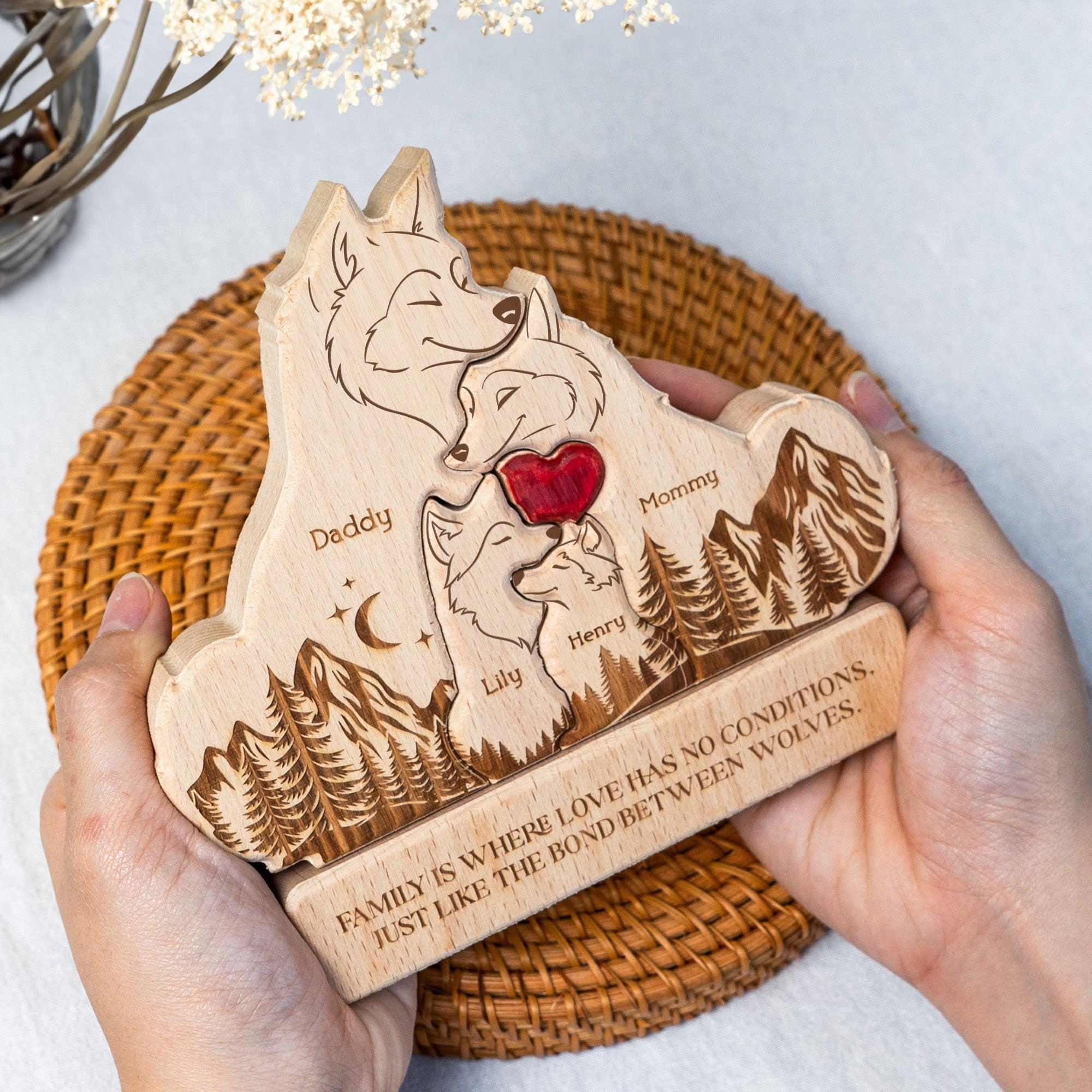 Personalized Wooden Wolf Family Puzzle_ Custom Engraved Beechwood Gift, Personalized Wooden Family Puzzle Decor, Custom Engraved Wood Keepsake