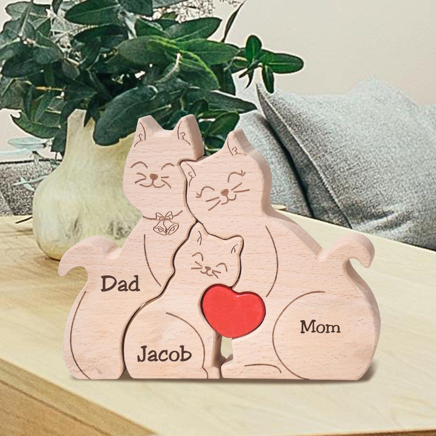 Personalized Wooden Cat Family Puzzle, Family of 4 Home Decor, Engraved Family Name Keepsake, Anniversary Gift for Her, Christmas Gifts