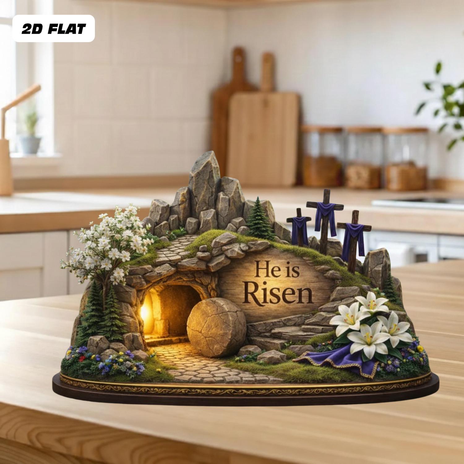 He is Risen Easter 2D FLAT Wooden Block, Christian Resurrection Table Sign, Religious Home Decor Gift, Easter Empty Tomb Cross Wood Shelf