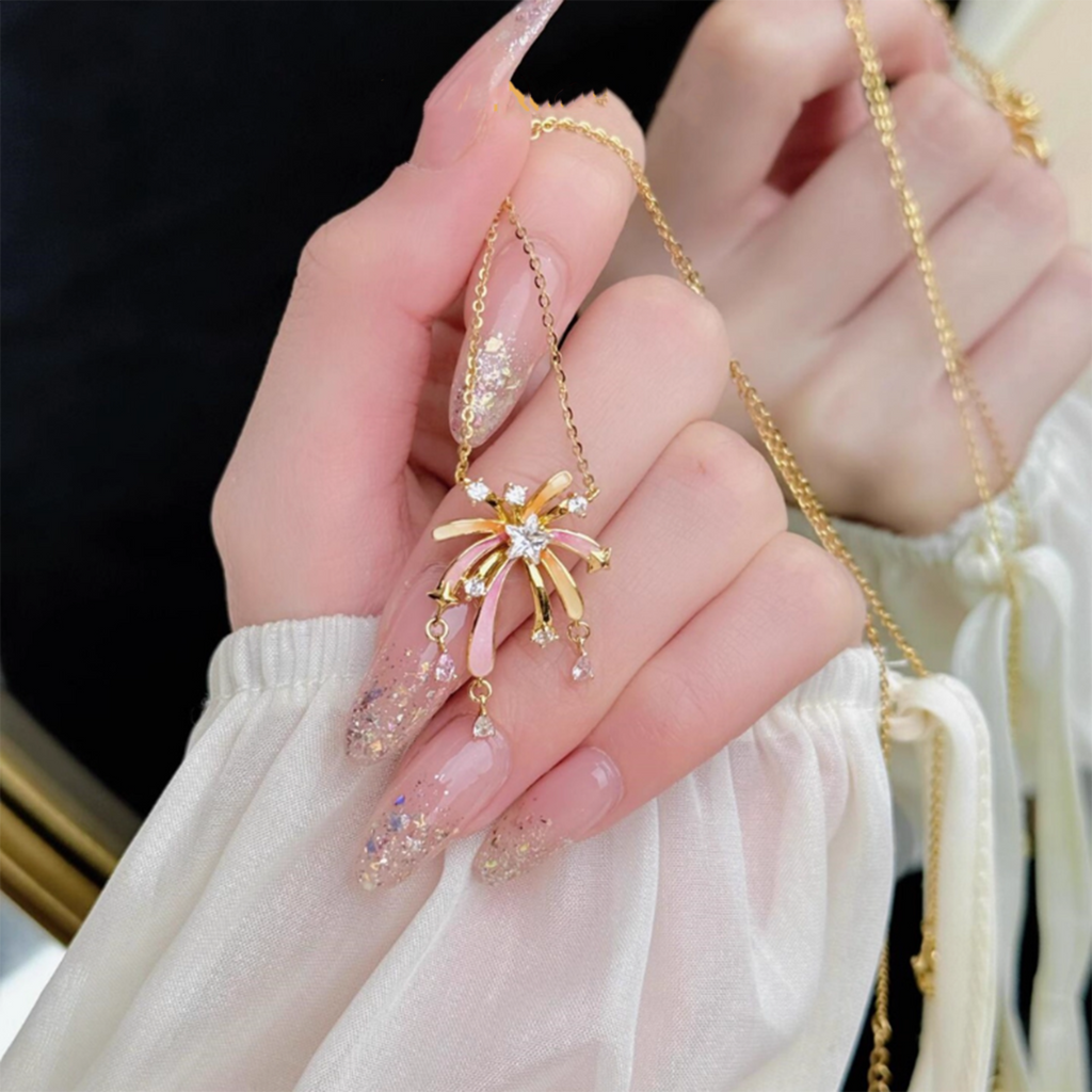 Glowing Firework Necklace in S925 Sterling Silver Gold Plated, Dainty Fairycore Necklace for Women, Elegant Handmade Jewelry Gift for Her