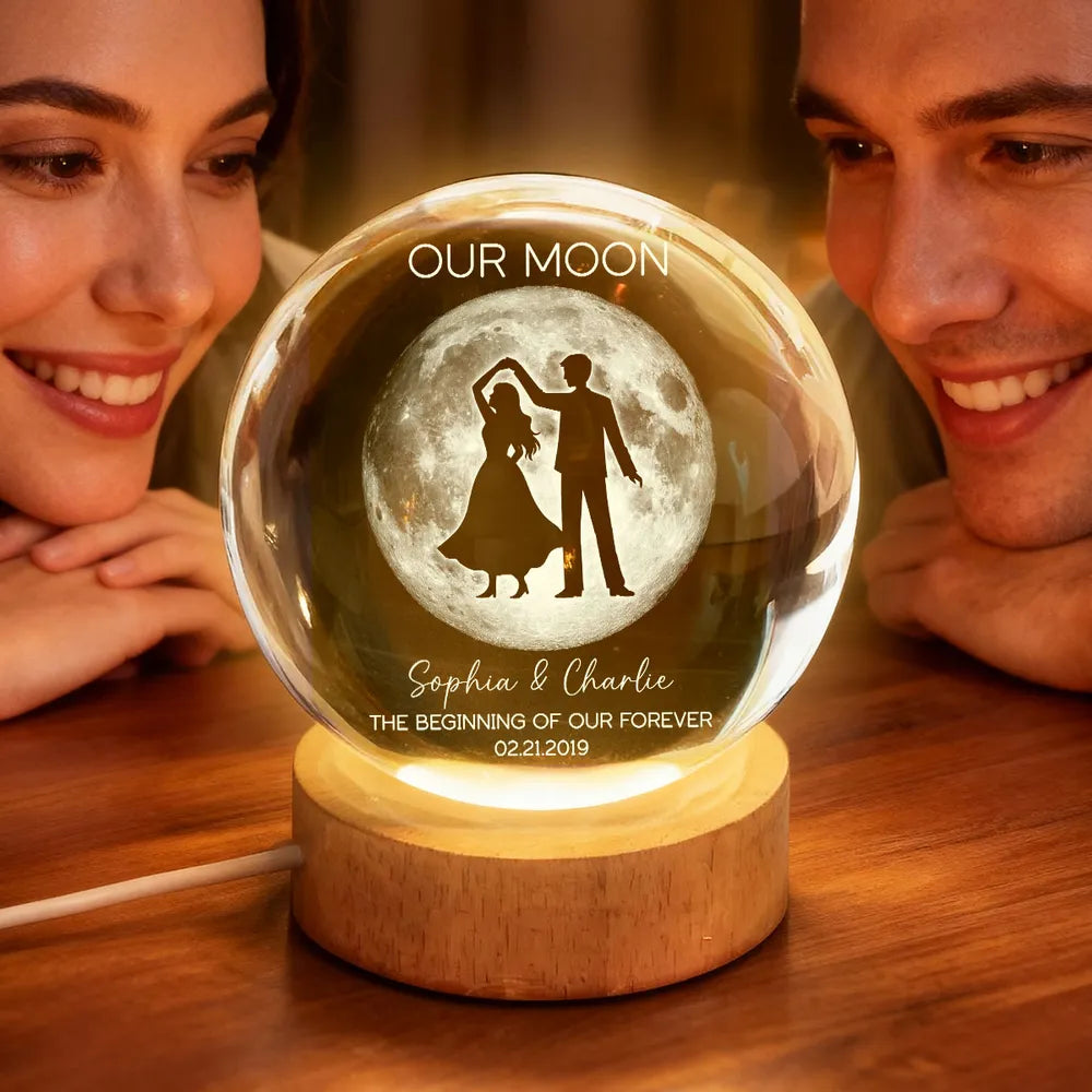 Couple Dancing in the Moonlight, Custom Moon Phase by Date, Personalized Crystal Ball LED Night Light, Valentine's Day Gift For Couple
