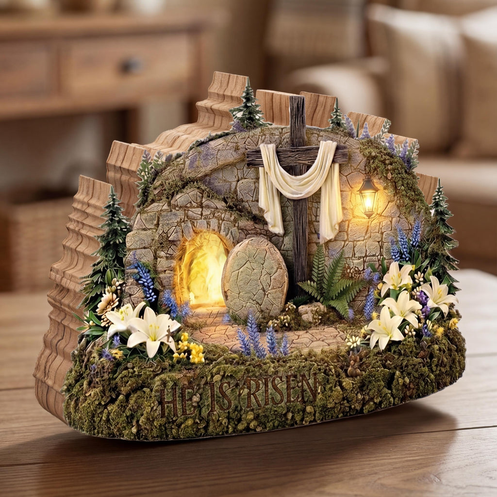 He is Risen Empty Tomb Wooden Block, Christian Easter Decor, Resurrection Scene Shelf Art, Religious Gift, Lighted Tabletop Sign