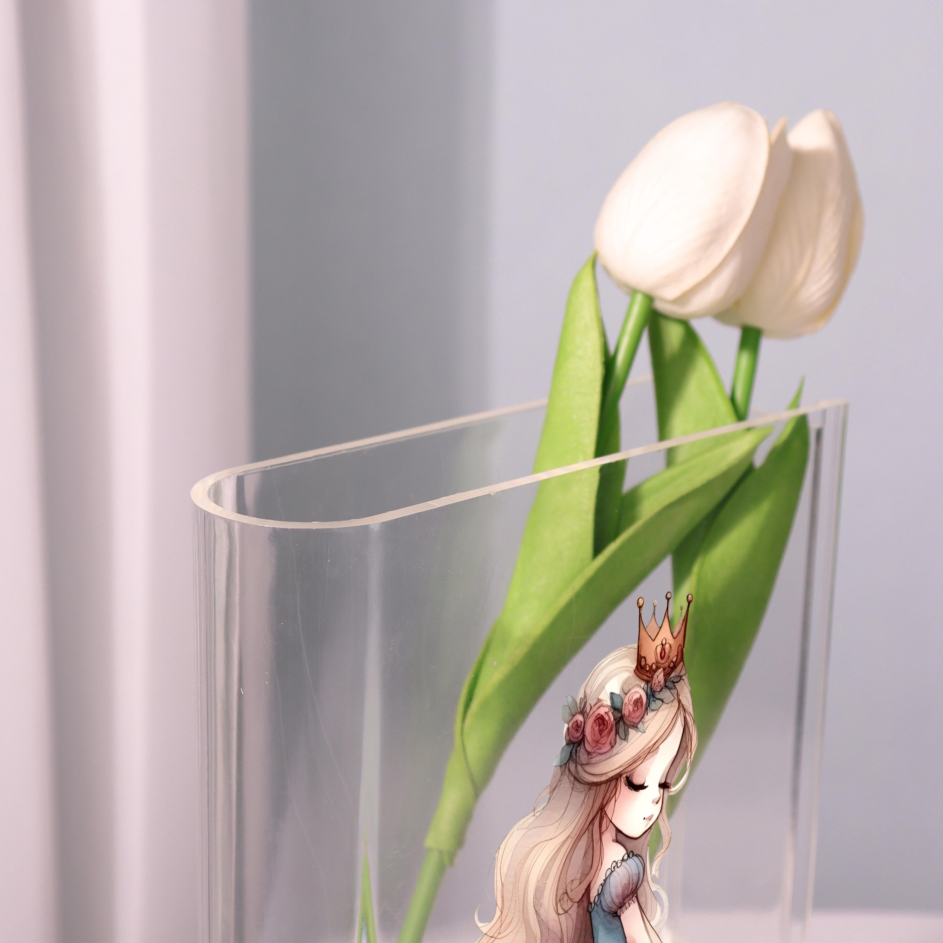 Cartoon Princess Acrylic Book Vase, Fairytale Girl Bookish Vase, Hand-painted Book Shaped Vase, Aesthetic Decor, Custom Gift for Girl's Room