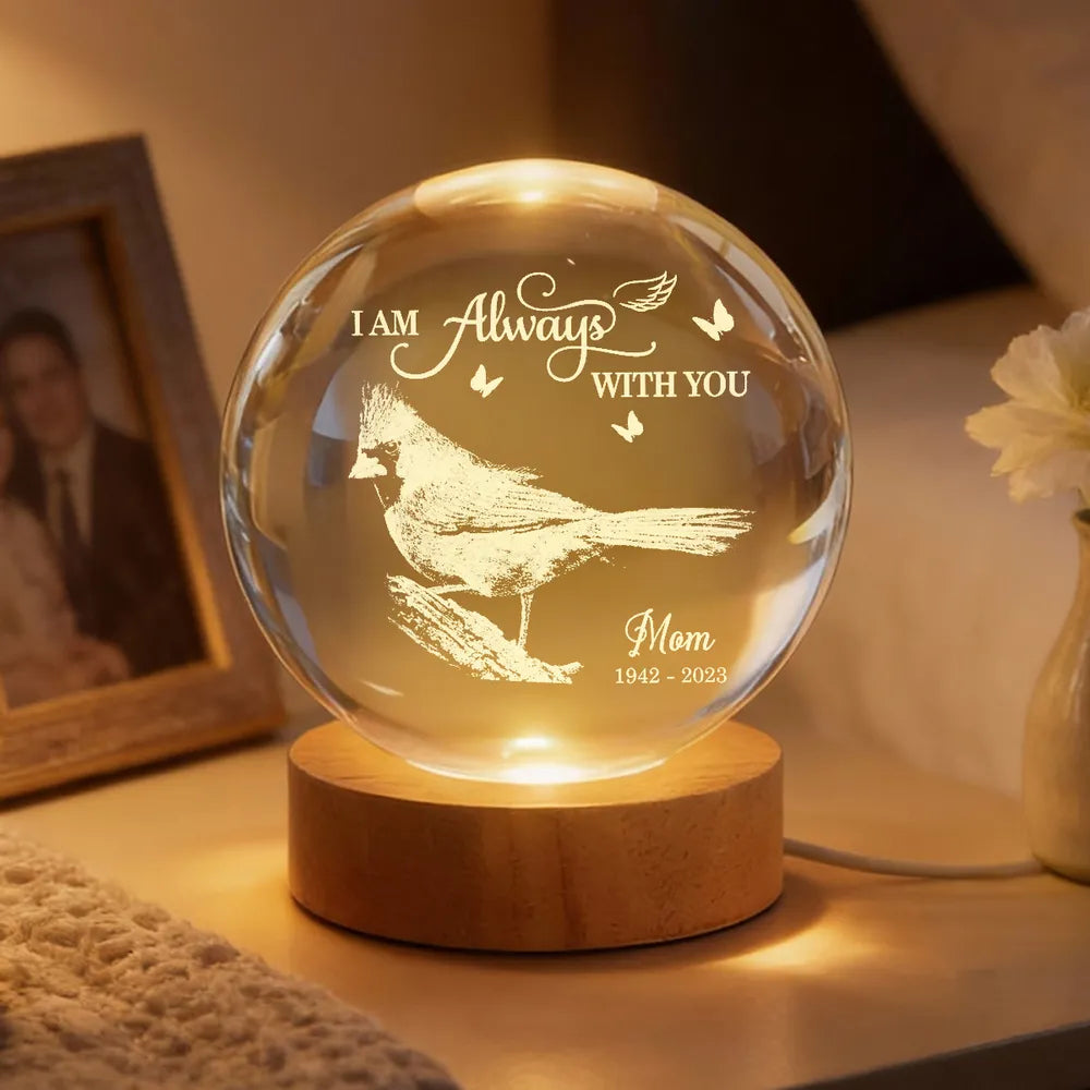 Always With You Cardinal - Personalized Crystal Ball LED Night Light,  Night Sky Print, Valentines Day Wedding Anniversary Gift For Couple
