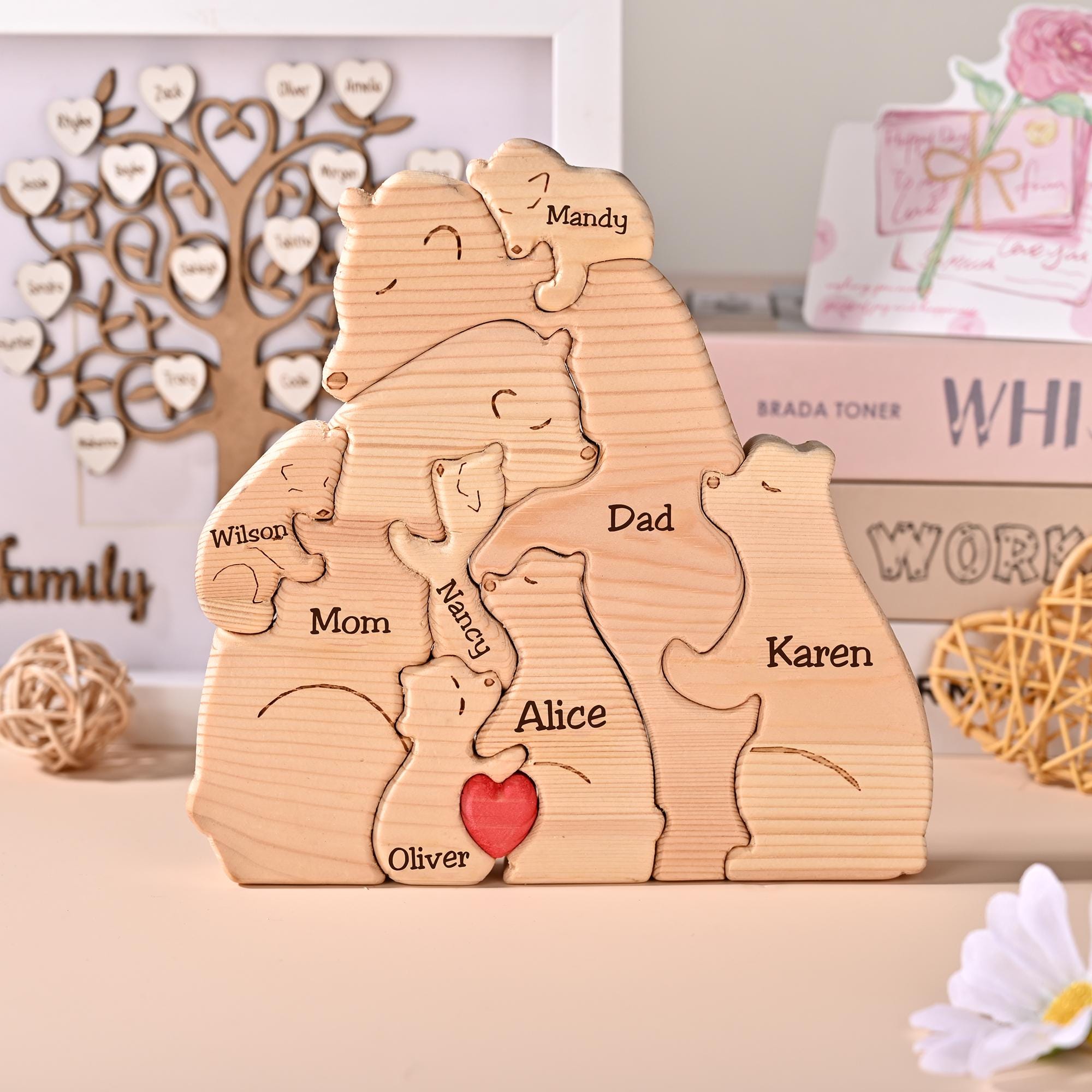 Engraved Bear Hug Family Wooden Puzzle, Personalized Gift for Mom Dad Kids, Engraved Name Gift, Anniversary Gift for Couple, Home Decor