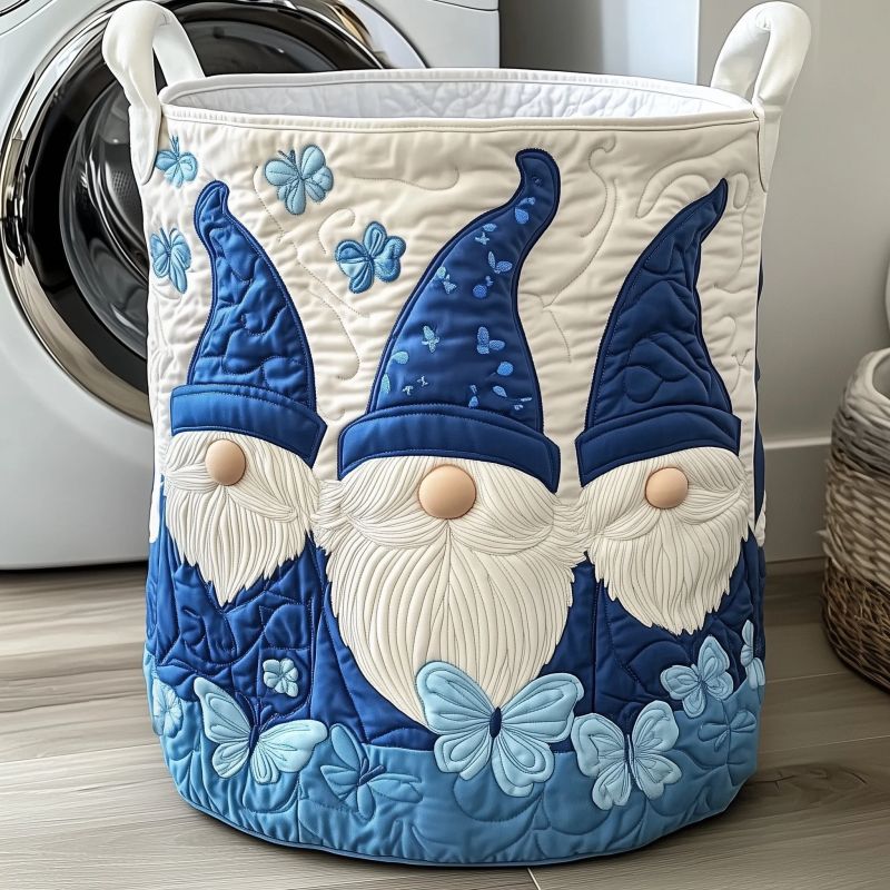 Blue Gnome Quilted Laundry Basket, Large Foldable Fabric Hamper with Handles, Decorative Clothes & Towel Storage Bin