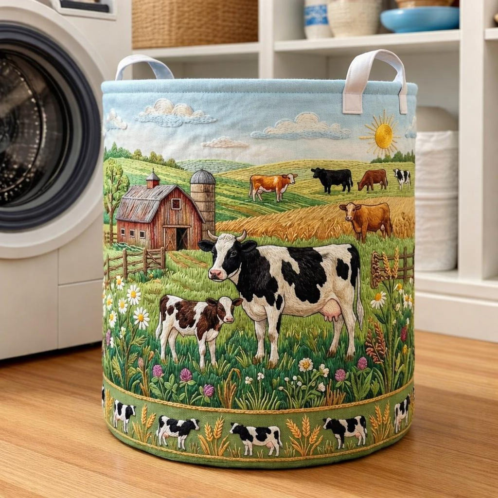 Farm Theme Quilted Laundry Basket, Large Fabric Storage Bin, Foldable Clothes Hamper for Bedroom Nursery Laundry Room Decor