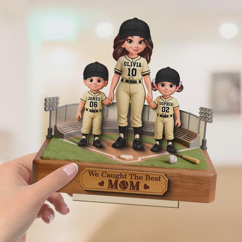 Customized We Caught the Best Mom Wooden Plaque With Flat Base, Decor Gift for Mommy Son Baseball Lover, Birthday Mother's Day Keepsake Gift