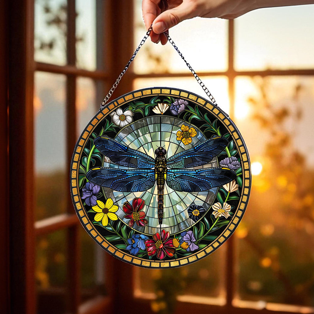 Dragonfly Stained Glass Suncatcher, Dragonfly Flower Window Hanging, Indoor Decoration, Kitchen Decor, Gift for Mom, Colorful Window Art
