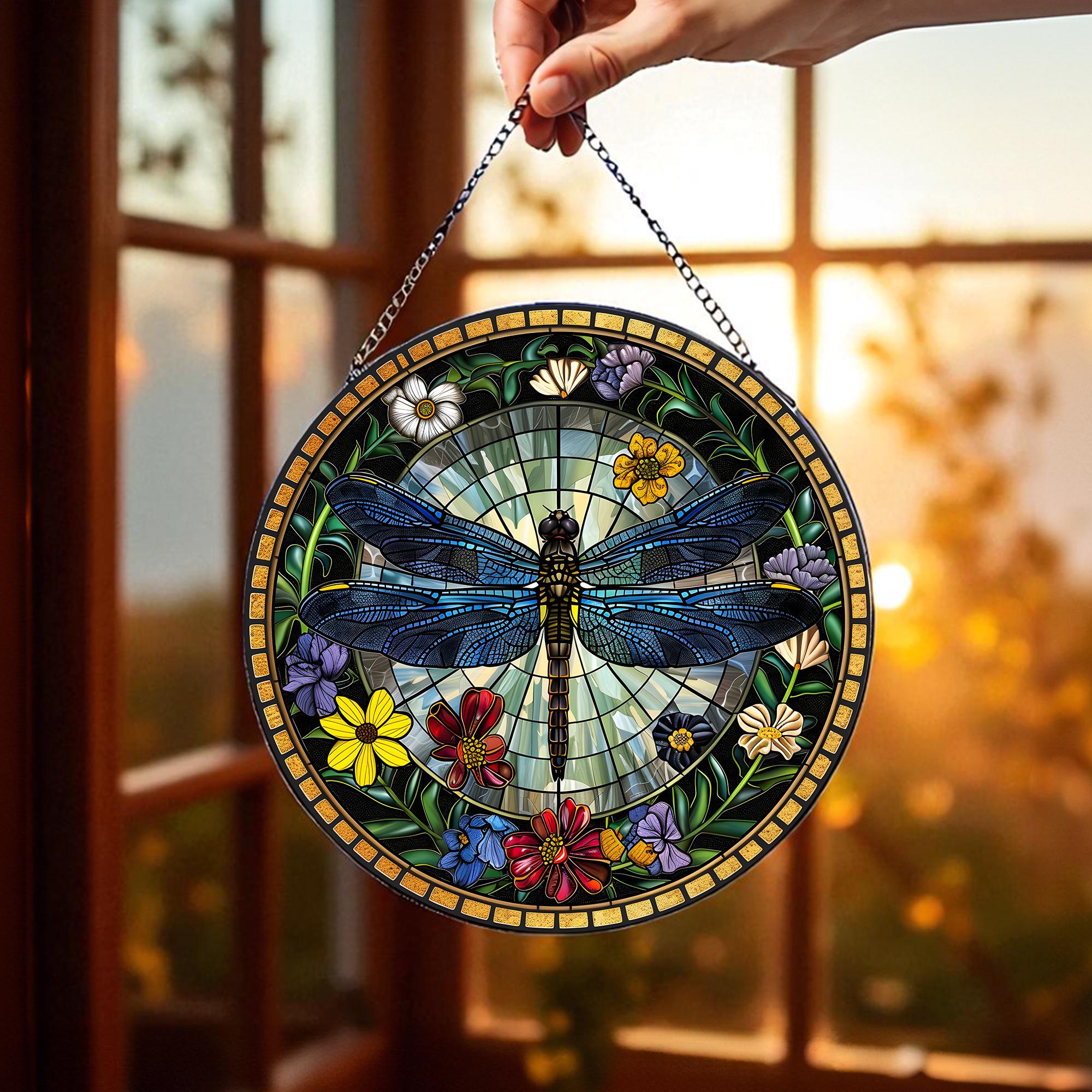 Dragonfly Stained Glass Suncatcher, Dragonfly Flower Window Hanging, Indoor Decoration, Kitchen Decor, Gift for Mom, Colorful Window Art