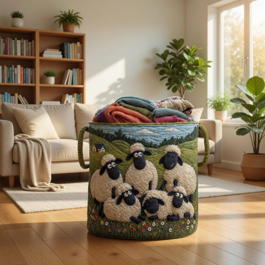 Sheep Heaven Quilted Laundry Basket, Sheep Laundry Room Decor, Soft Fabric Hamper, Colorful Sheep Storage Bin, Gift for Mom, Gift for Her