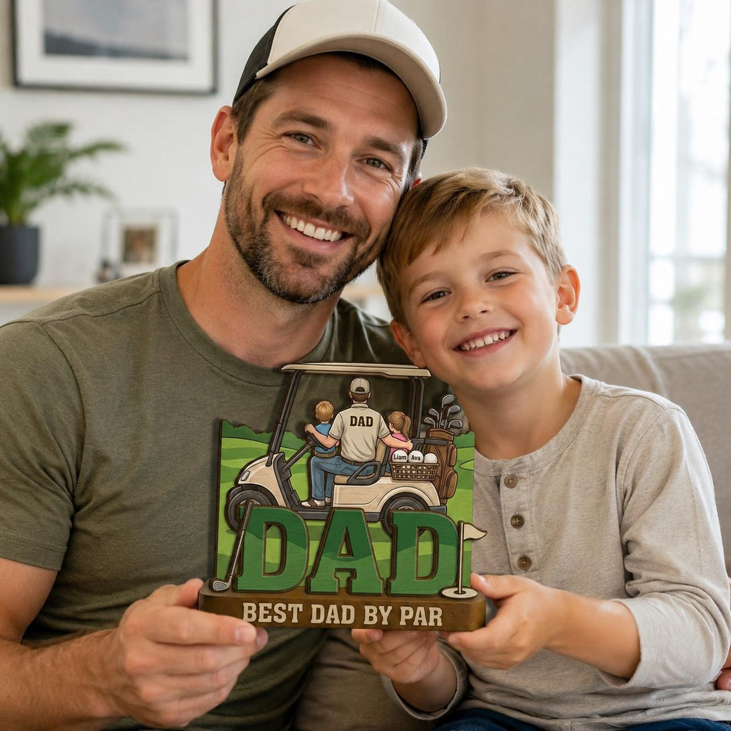 Personalized 2D Flat Golf Dad Wood Sign With Kids Names, Father's Day Gift for Dad Grandpa, Best Dad by Par Custom Wooden Golf Shelf Decor