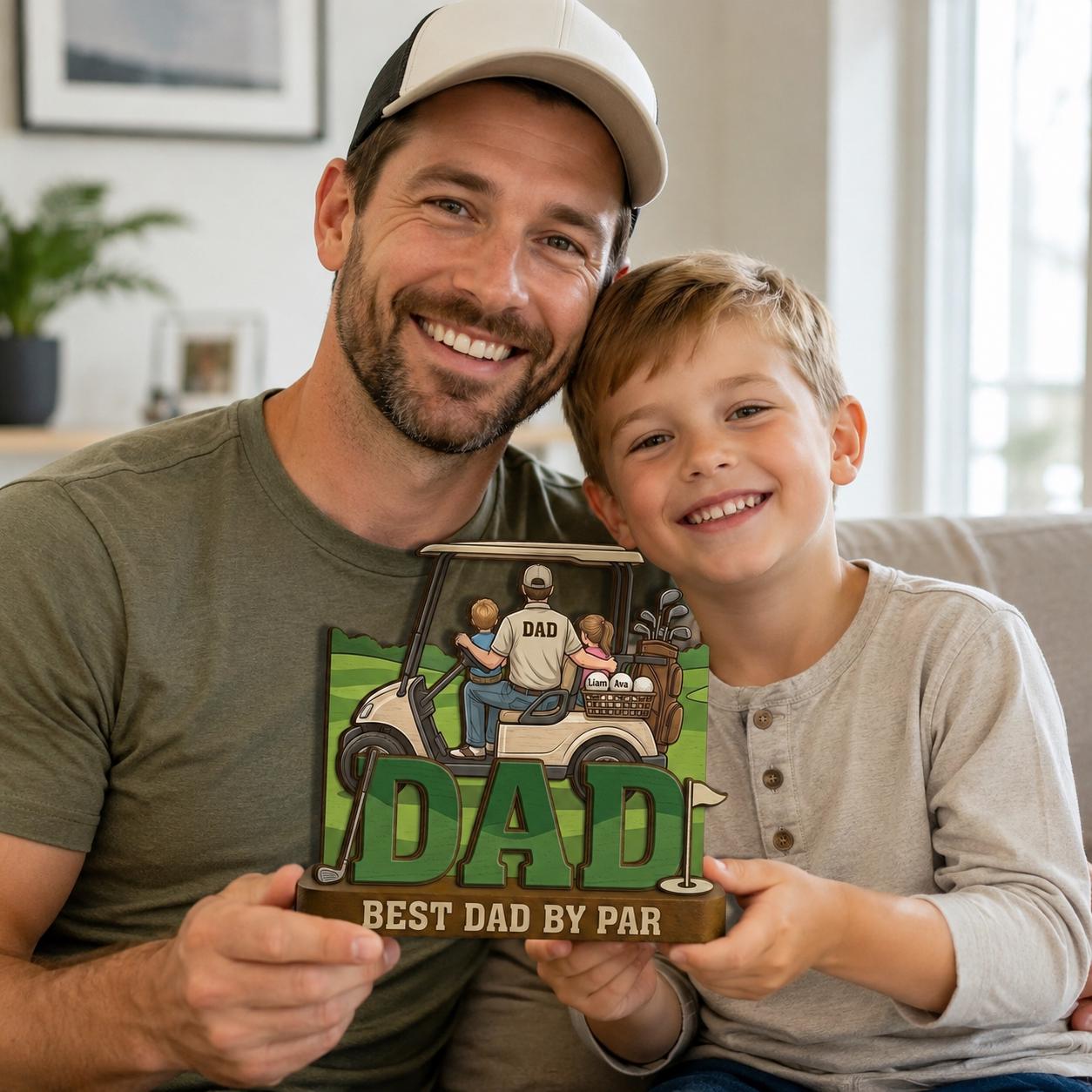 Personalized 2D Flat Golf Dad Wood Sign With Kids Names, Father's Day Gift for Dad Grandpa, Best Dad by Par Custom Wooden Golf Shelf Decor