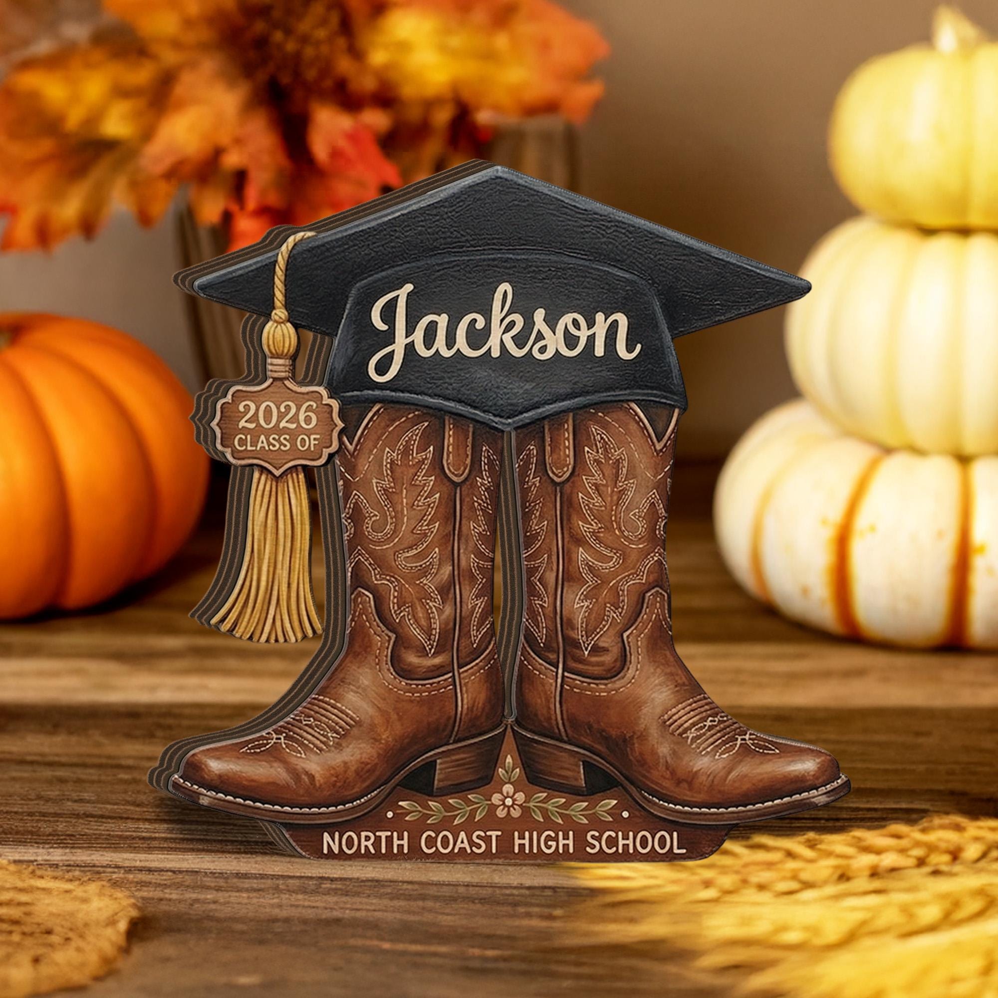 Personalized Wooden Block, Graduation Cap Cowboy Boots Decor, Custom Name Class Year Display, Senior Keepsake