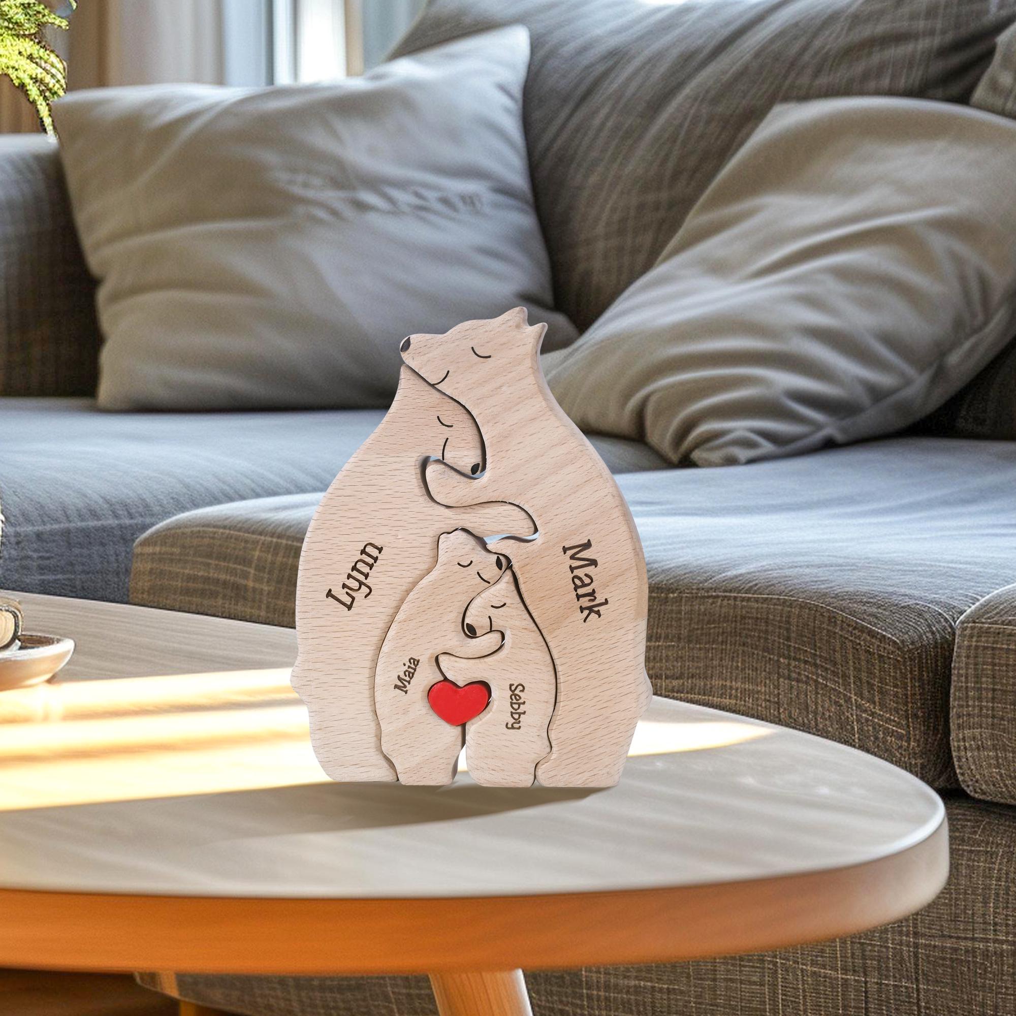 Wooden Bear Family Jigsaw Puzzle, Custom Bear Figurines, Engraved Family Name Keepsake, Parents Anniversary Gift, Christmas Bear Ornament
