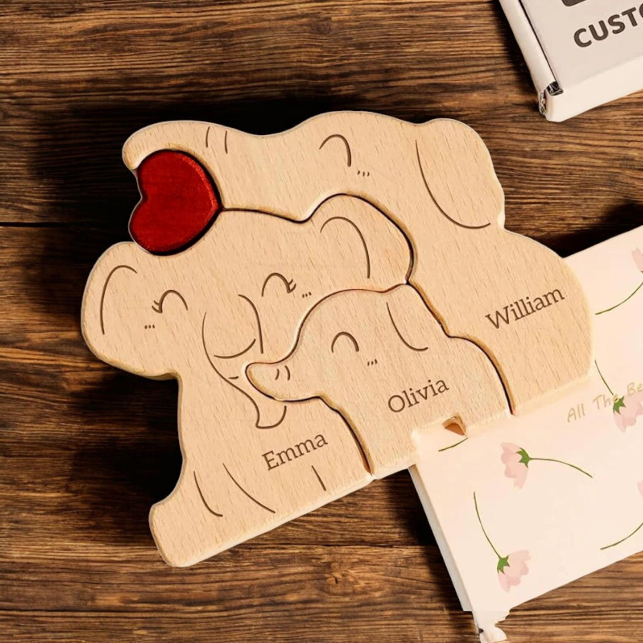 Personalised Wooden Elephant Family Ornament _ Custom Engraved Figurines _ Family Keepsake Gift for Mum, New Parents, Adoption or Baby Decor