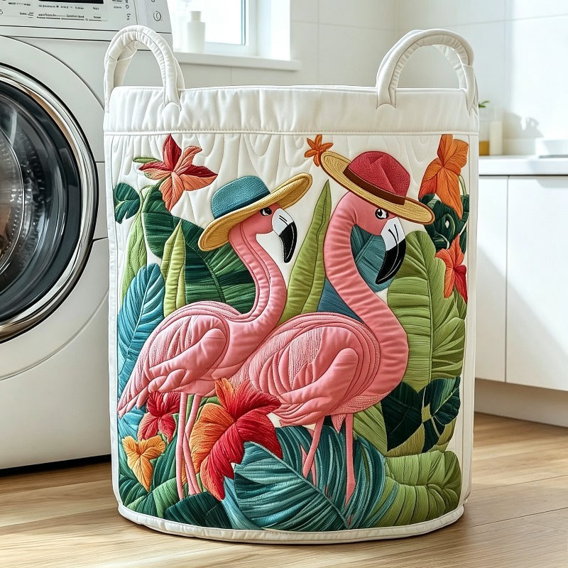 Tropical Flamingo Quilted Laundry Basket, Large Foldable Hamper with Handles, Pink Bird Fabric Storage Bin for Bedroom Bathroom Decor